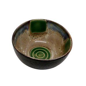 Ceramic Rice Bowl with Textured Black Exterior & Green/Beige Interior Vintage